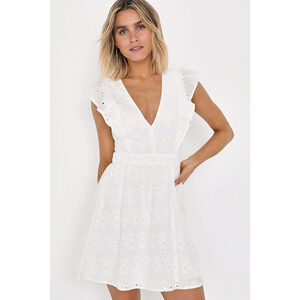 Lulus Flirtatious In Florence White Ruffled Eyelet Cotton Mini Dress - Size M